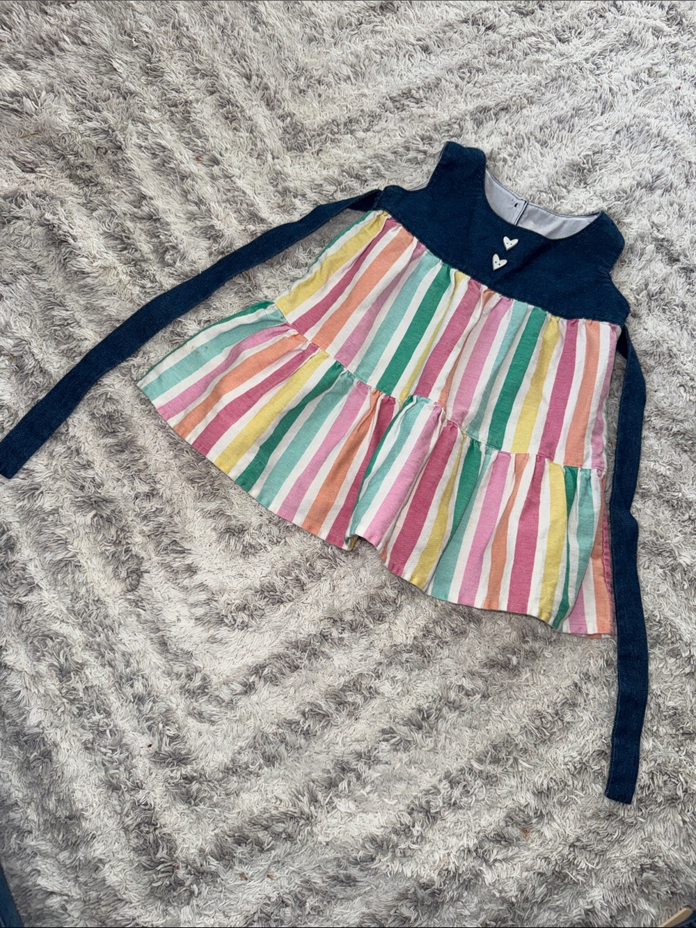 6-9m vintage Baby Navy denim dress with Multicolor Pastel Striped super cute